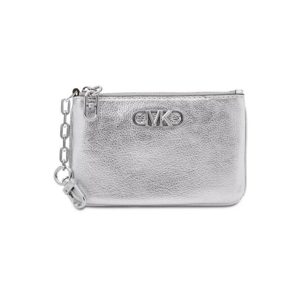 MICHAEL KORS Parker metallic leather card case cardholder wallet keychain SILVER - Picture 1 of 5